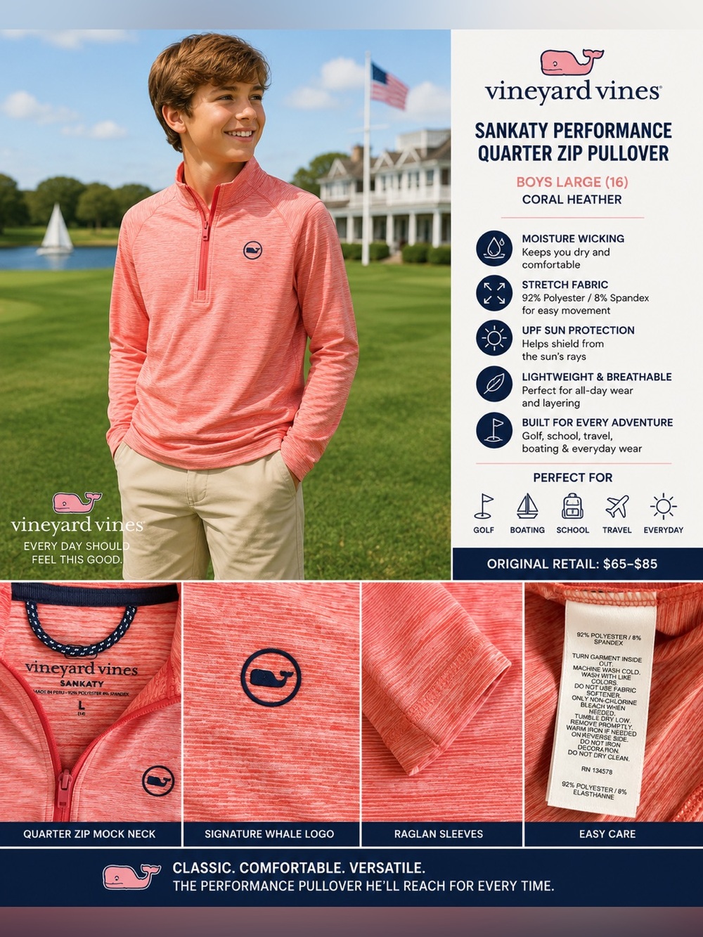 Vineyard Vines Boys Sankaty Performance Quarter Zip Pullover L(16)